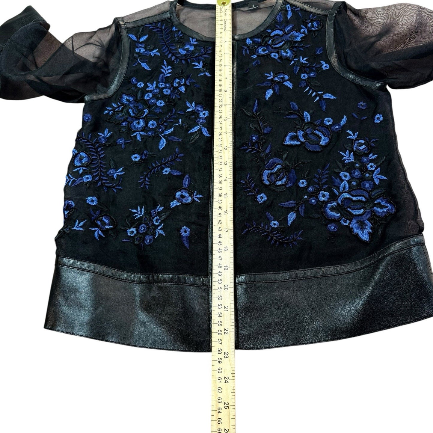 Carlisle Women’s Size 2 Black Blue Sheer Sleeve Embroidered Jacket Top