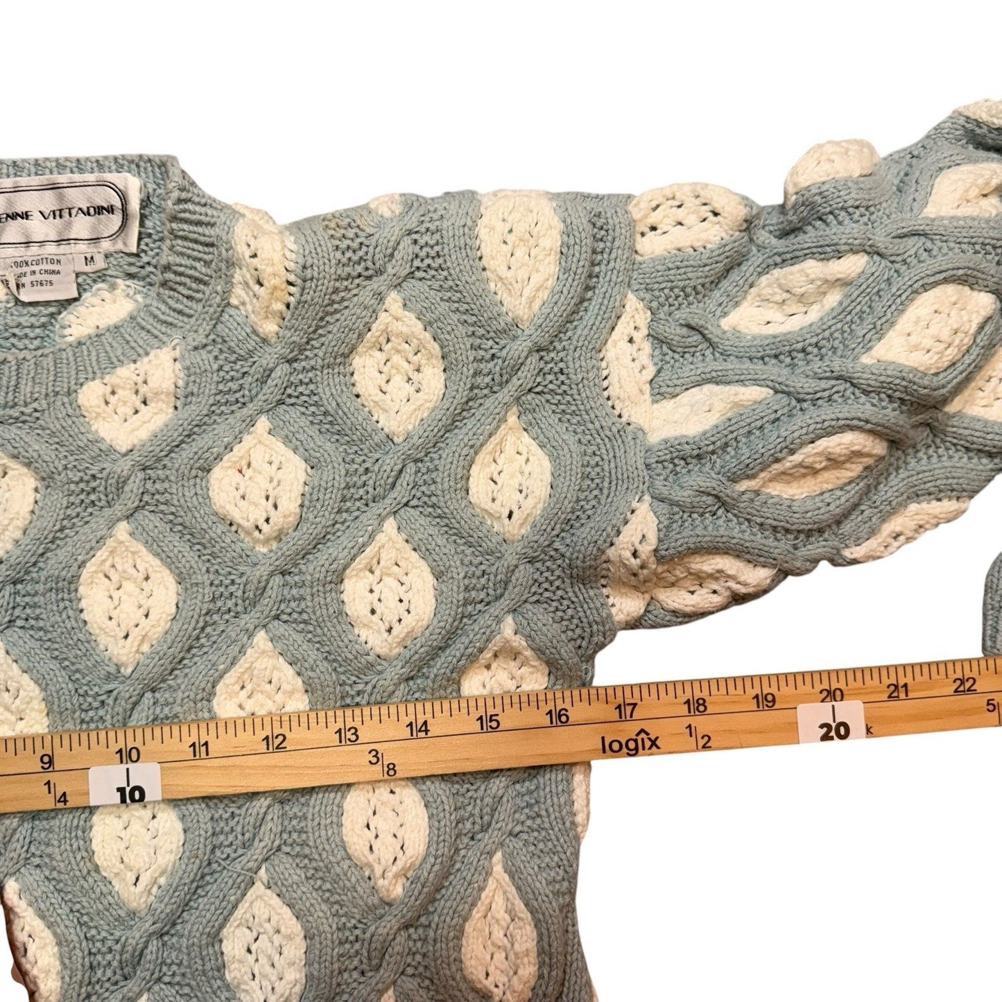 Vintage Adrienne Vittadini Sweater Chunky Knit Blue Cream Wool Blend Pullover M Women's