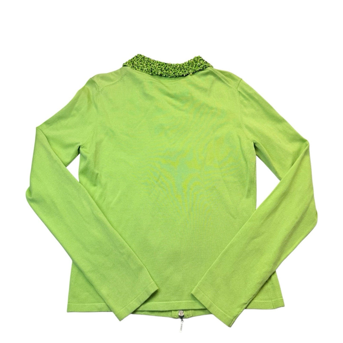 Cache Y2K Lime Silk Blend Beaded Zip Cardigan Sweater L Women's