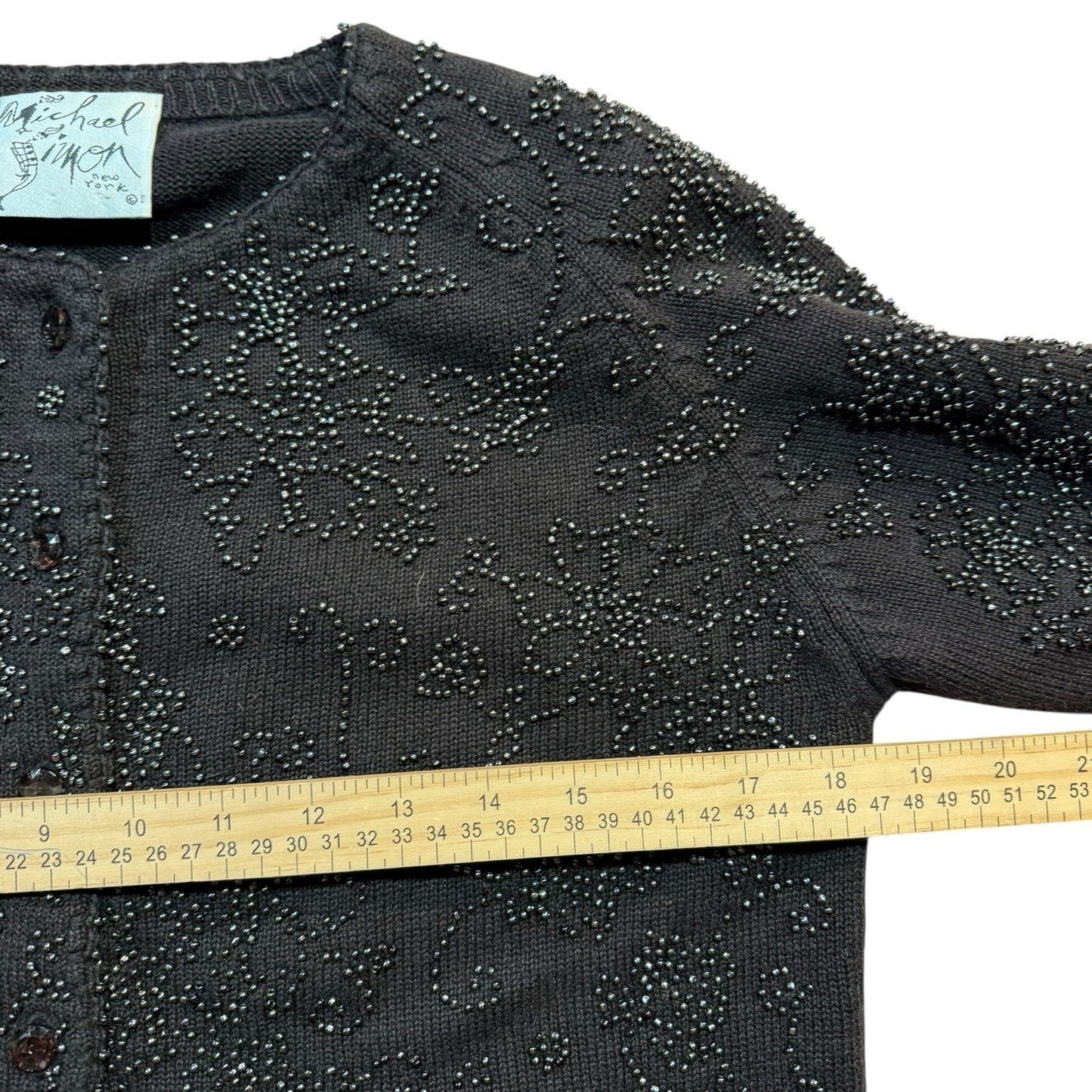 Michael Simon Women’s Small Black Sweater Beaded Floral Cardigan Vintage