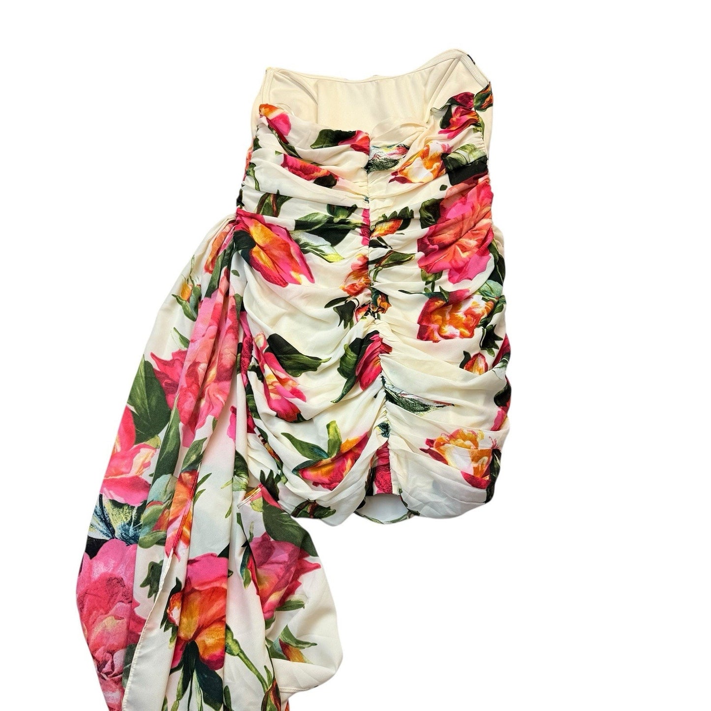 LUXXEL Floral One Shoulder Dress L Ivory Ruched Asymmetrical NWT Women's