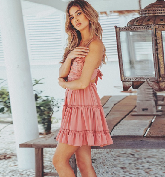 V-Neck Women's Chiffon Ruffled Hem Dress with Spaghetti Straps