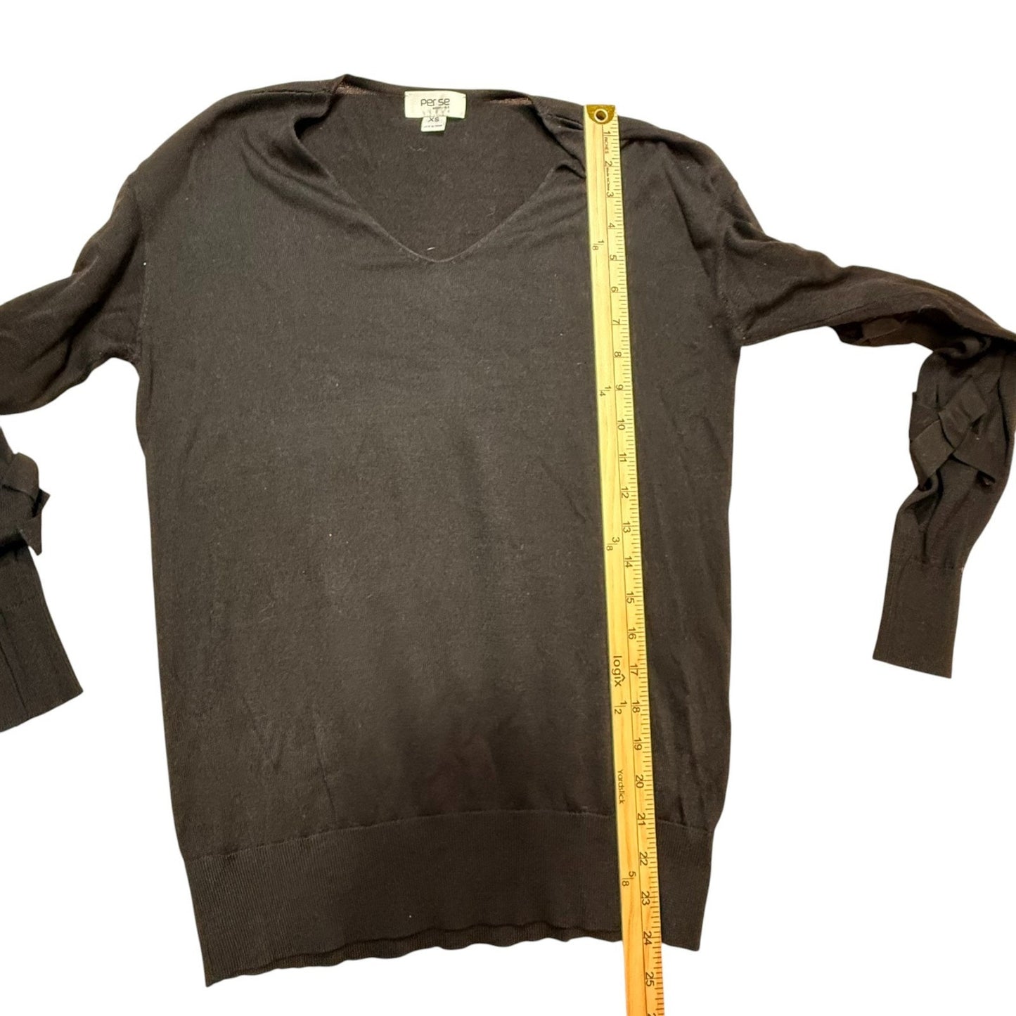 Per Se by Carlisle Black 100% Silk V-Neck Long Split Sleeve w/Bows Blouse XS Y2K Women's Blouse