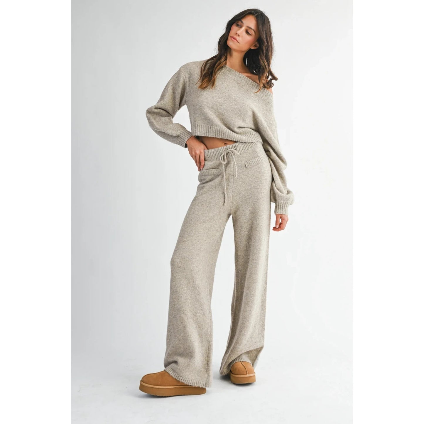 Mable Women’s Latte Mocha Knit Lounge Set Off Shoulder Crop Sweater Pants NEW