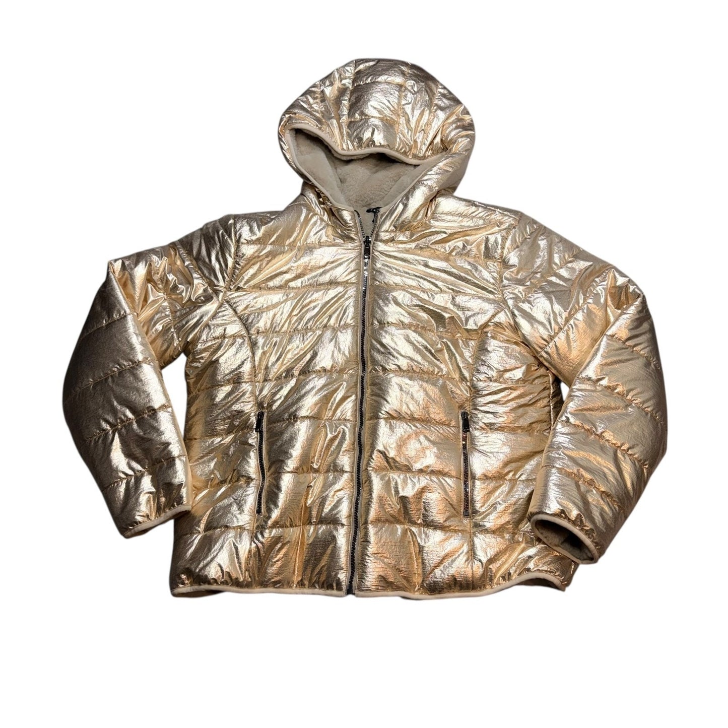 Tribal Reversible Puffer Jacket XL Champagne Metallic Faux Fur Lined Hooded NWT Women's
