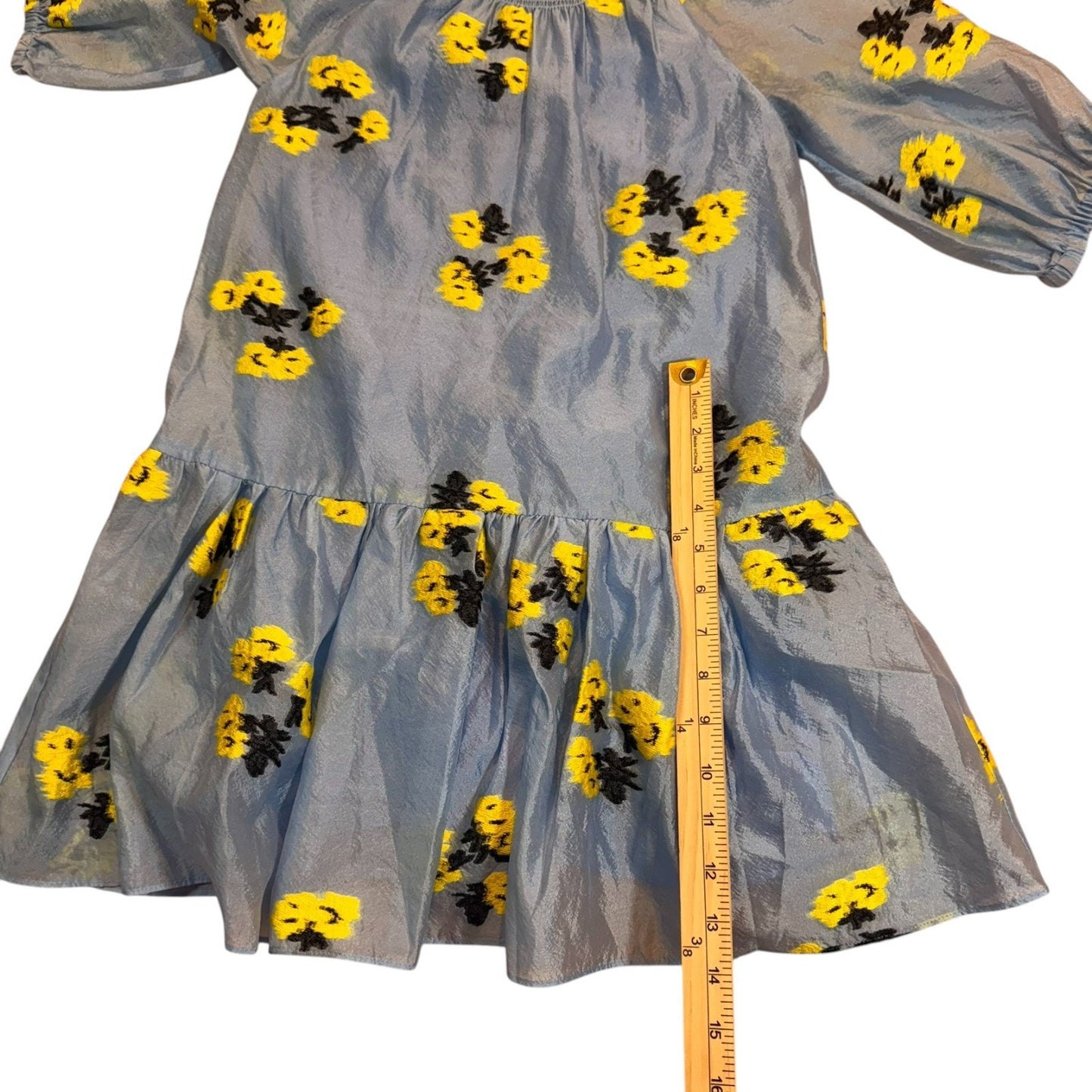 Girls Blue Chiffon Dress Size M Yellow Black Floral Lined Puff Sleeve NWT Women's