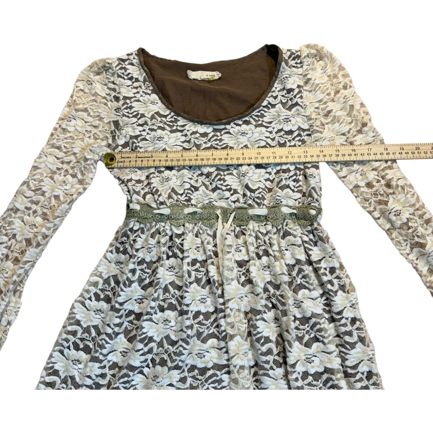 A'reve Women's Size Small Brown Beige Lace-Overlay Prairie Dress with Belt