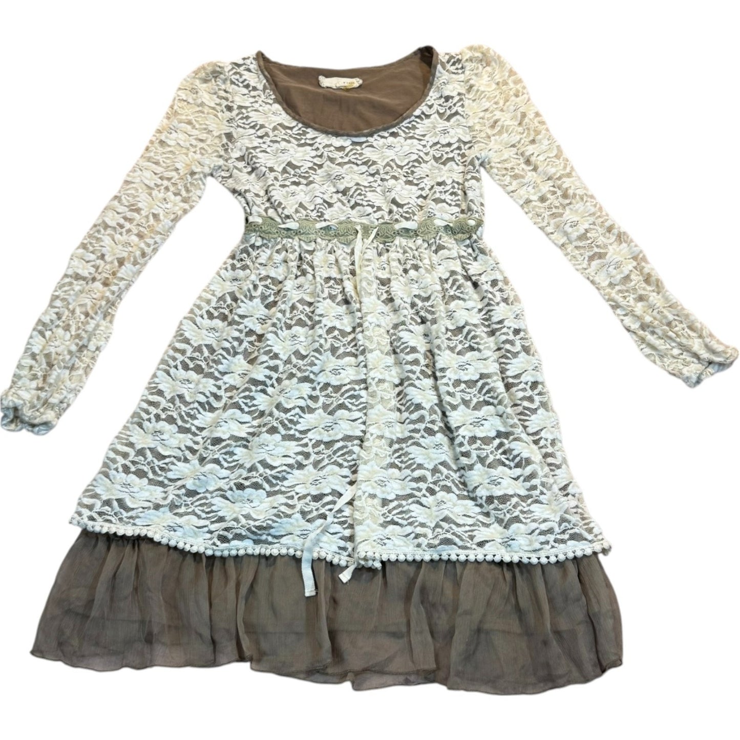 A'reve Women's Size Small Brown Beige Lace-Overlay Prairie Dress with Belt