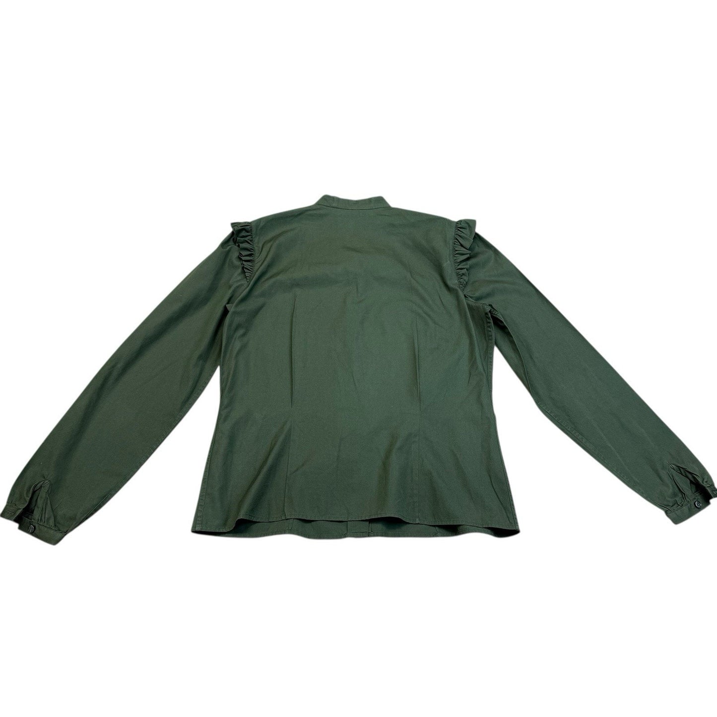 Vintage Perry Ellis Olive Green Ruffle Blouse Hong Kong Cotton Shirt Women's