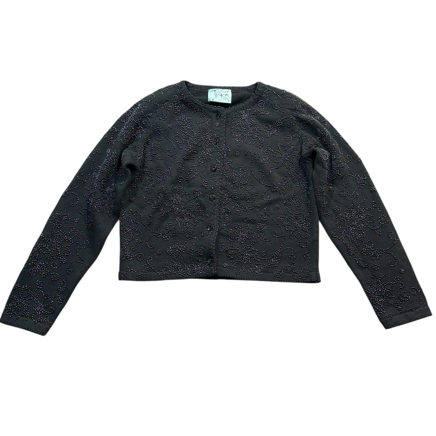 Michael Simon Women’s Small Black Sweater Beaded Floral Cardigan Vintage