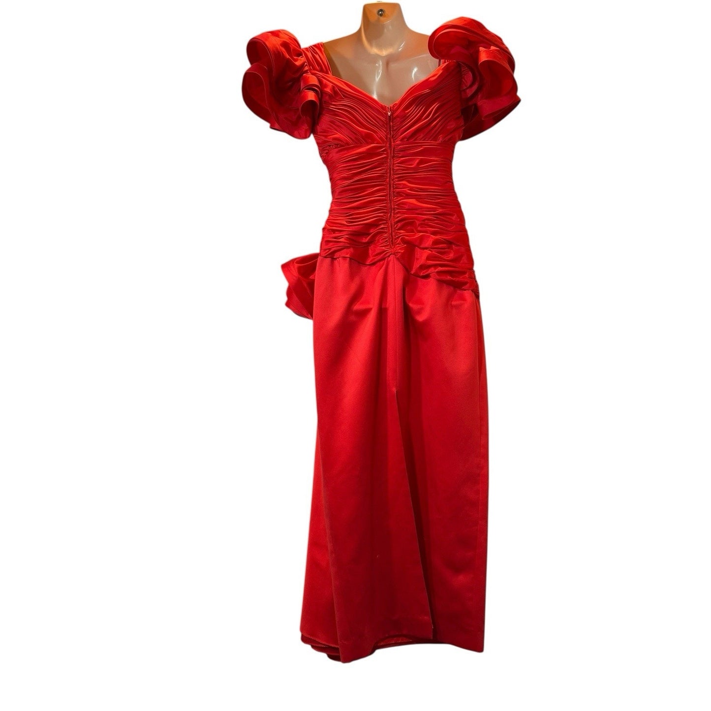 Vintage Lillie Rubin Women’s Size 4 Red Satin Puff Sleeve Ruched Evening Gown Dress