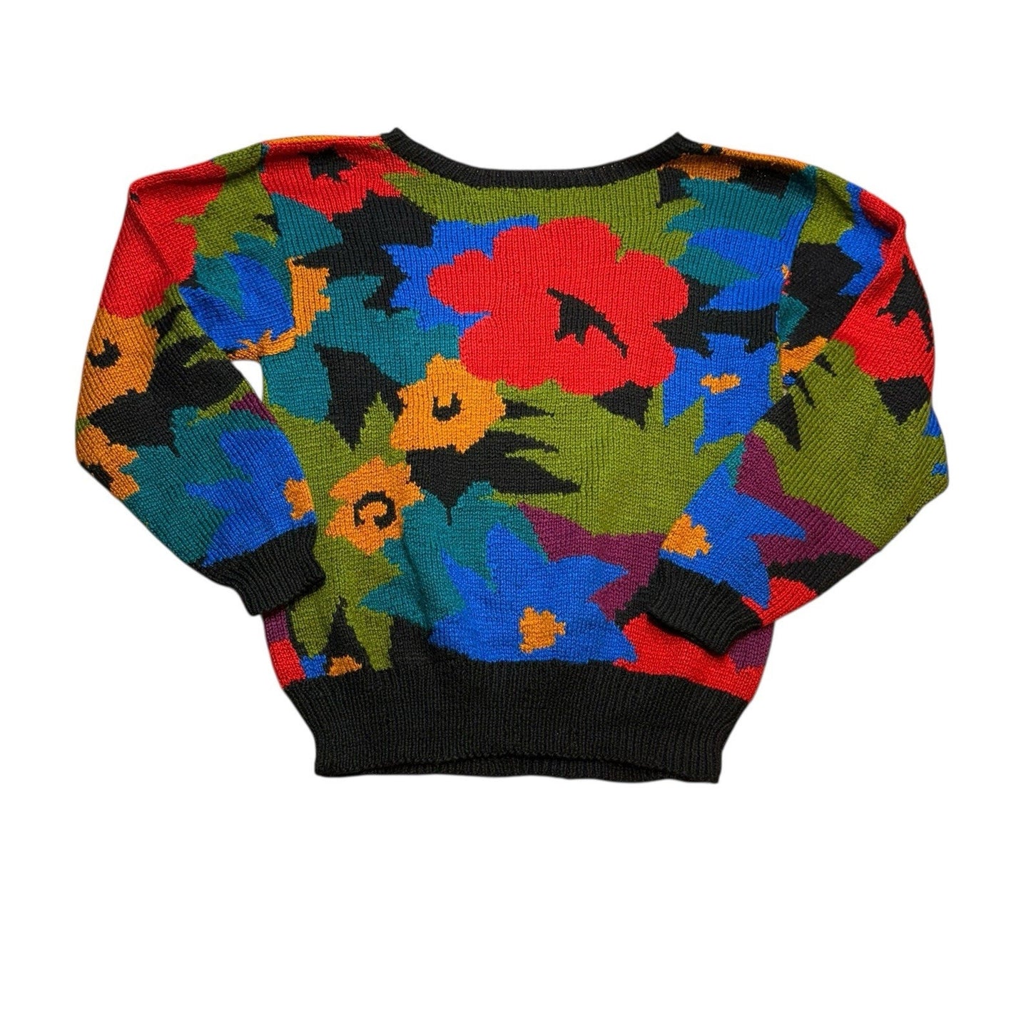 Perry Ellis Vintage Spring 1983 Hand Knit Silk Flower Intarsia Sweater Medium Women's