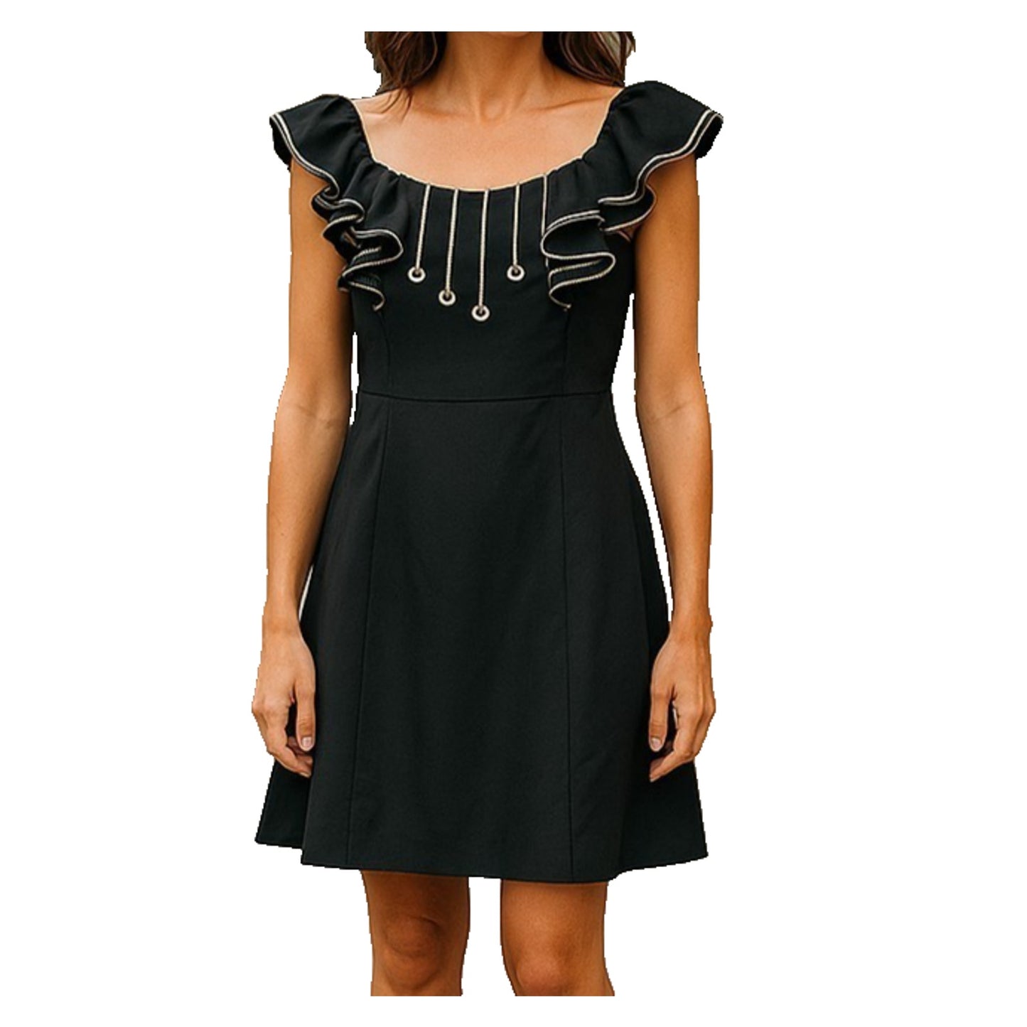 NEW BCBGMAXAZRIA Women's Size Large Black Ruffled Sleeveless Woven A-Line Dress