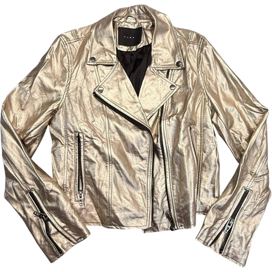 BlankNYC Women’s Medium Metallic Gold Moto Biker Leather Jacket Zip Pockets
