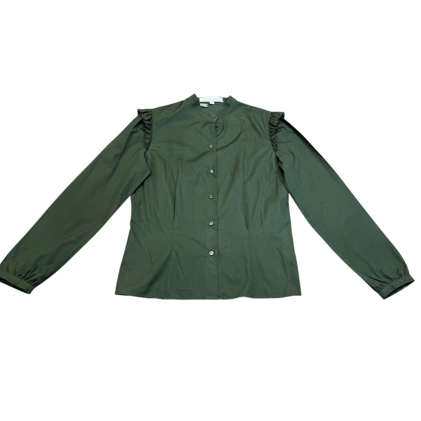 Vintage Perry Ellis Olive Green Ruffle Blouse Hong Kong Cotton Shirt Women's