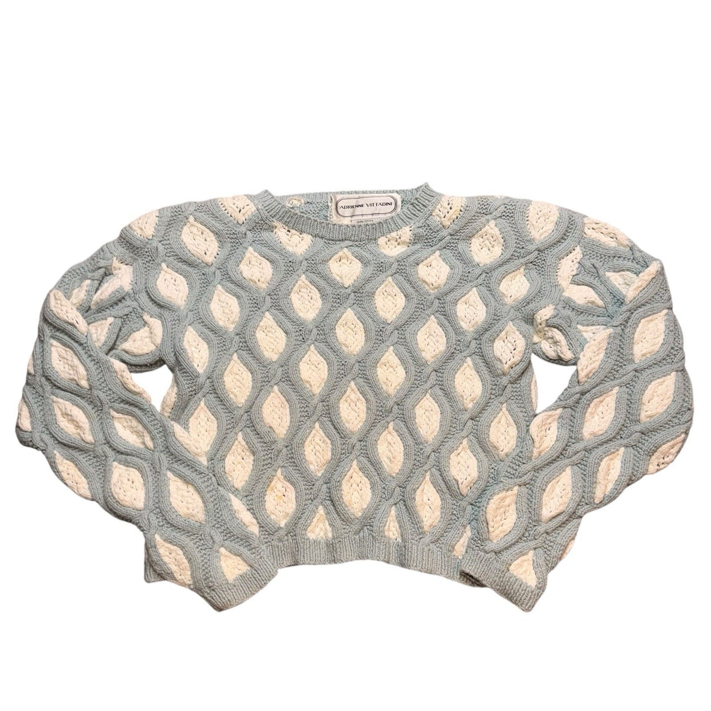 Vintage Adrienne Vittadini Sweater Chunky Knit Blue Cream Wool Blend Pullover M Women's