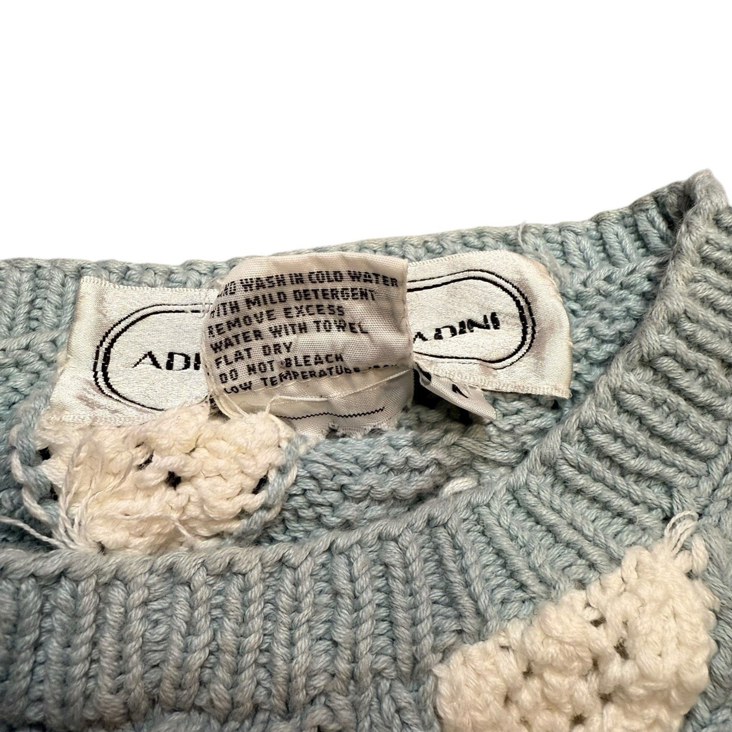 Vintage Adrienne Vittadini Sweater Chunky Knit Blue Cream Wool Blend Pullover M Women's