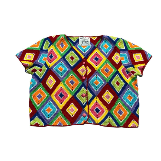 Vintage Michael Simon Sweater Women’s Small Colorful Diamond Knit Short Sleeve