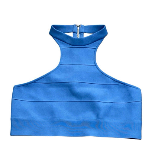 HERVÉ By HERVE LEGER Women's Blouse Halter Neck Open Back Cropped Tank Top Blue LRG NEW