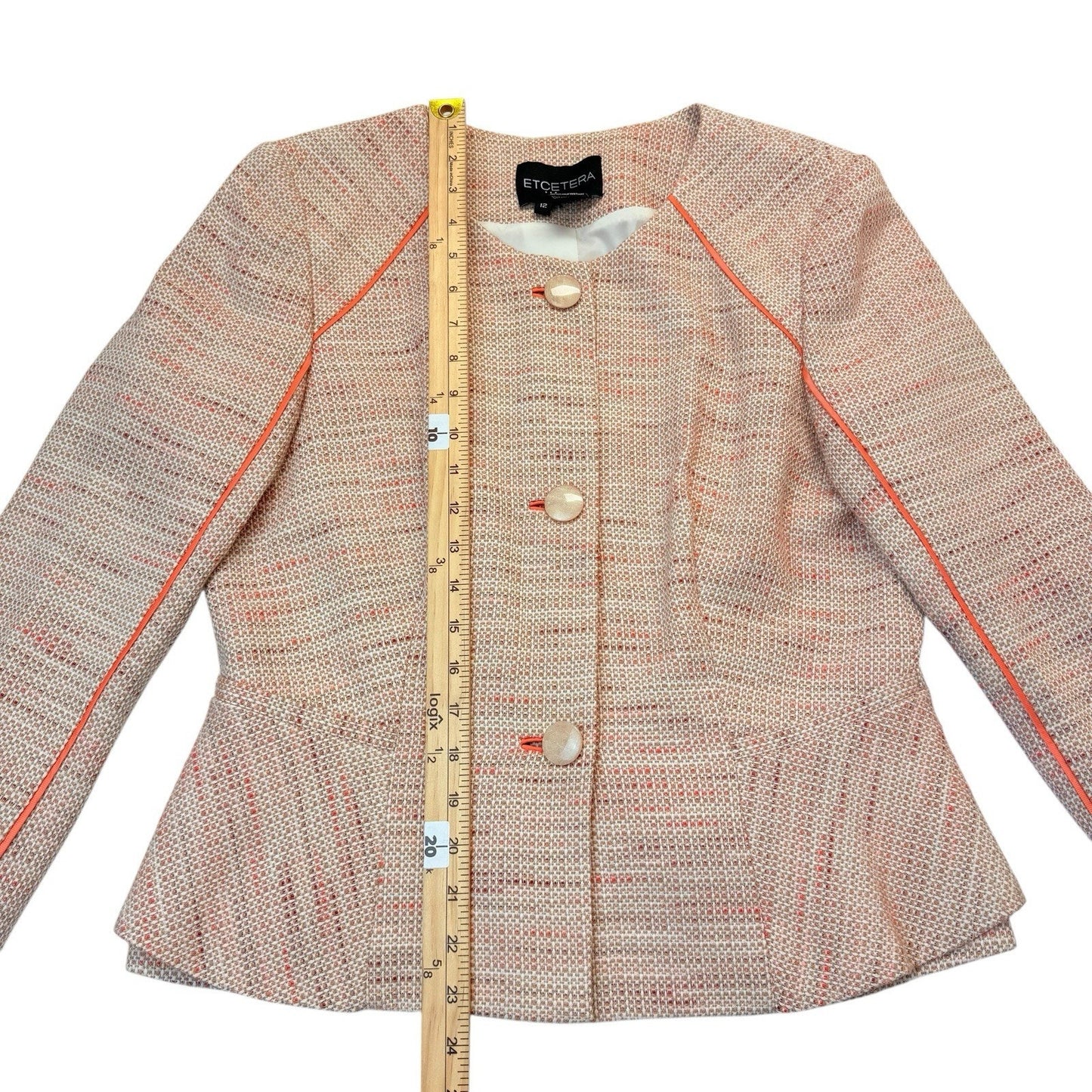 ETCETERA Tweed Jacket 12 Peplum Blazer Pink Orange Trim Women's