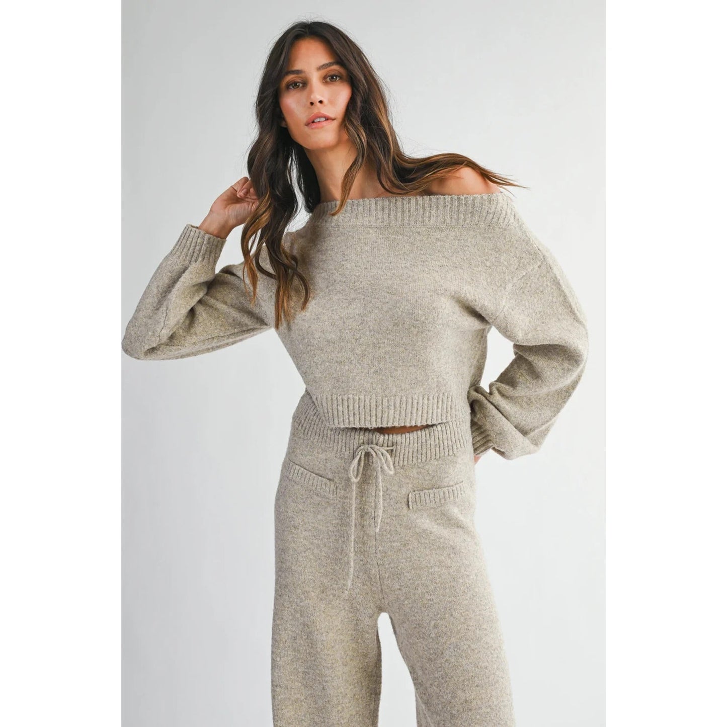 Mable Women’s Latte Mocha Knit Lounge Set Off Shoulder Crop Sweater Pants NEW