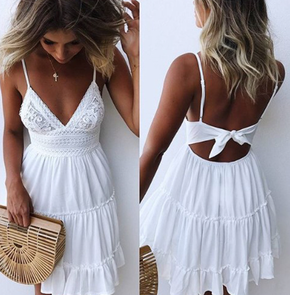 V-Neck Women's Chiffon Ruffled Hem Dress with Spaghetti Straps