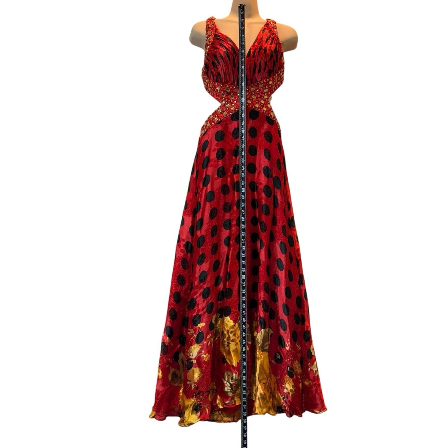 Tiffany Designs Women’s Sz 8 Red Polka Dot Beaded Formal Gown Open Strappy Back Dress