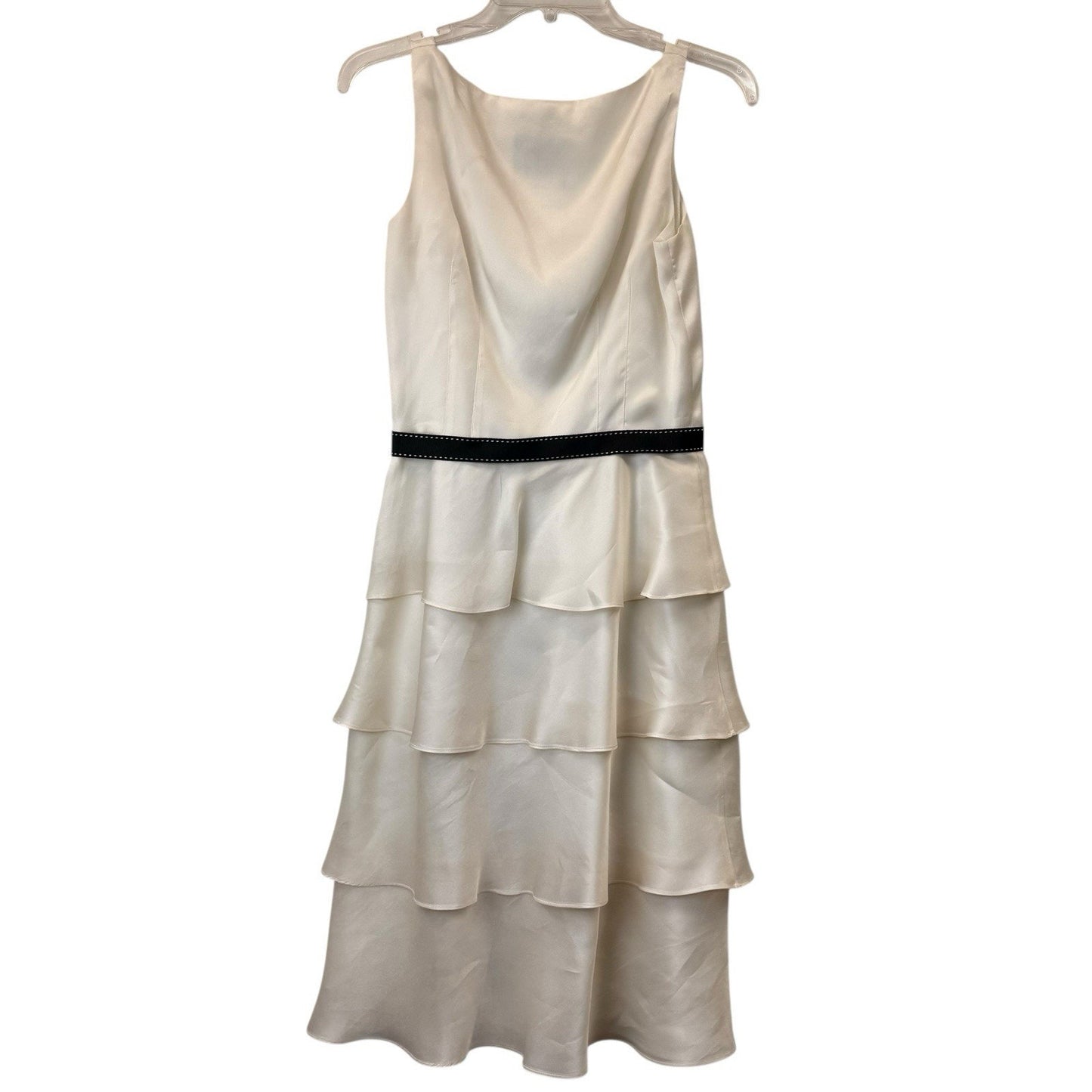 Luxe by Sheila Yen Ivory Tiered Dress Silk Feel Black Sash Women's 6 USA