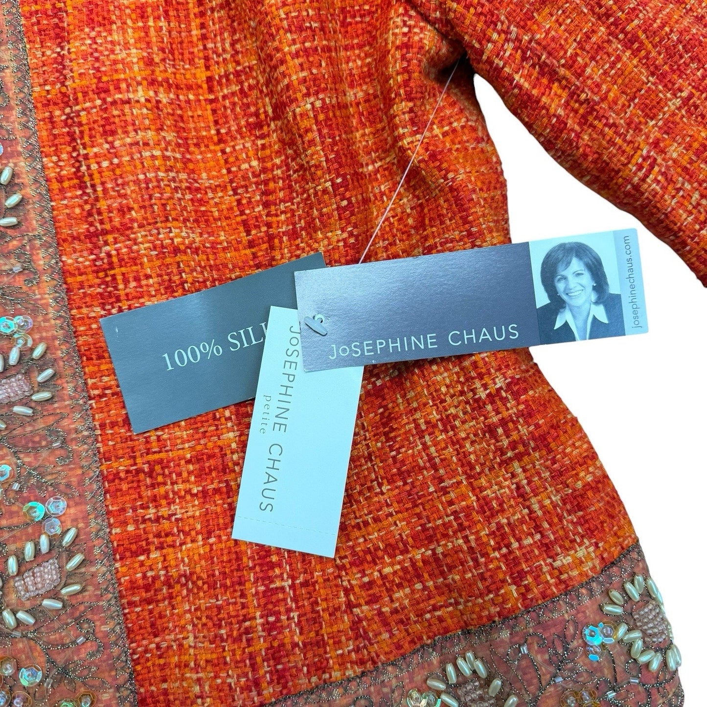 Josephine Chaus Petite 8P Orange Tweed Skirt Suit Embroidered Jacket Set Women's