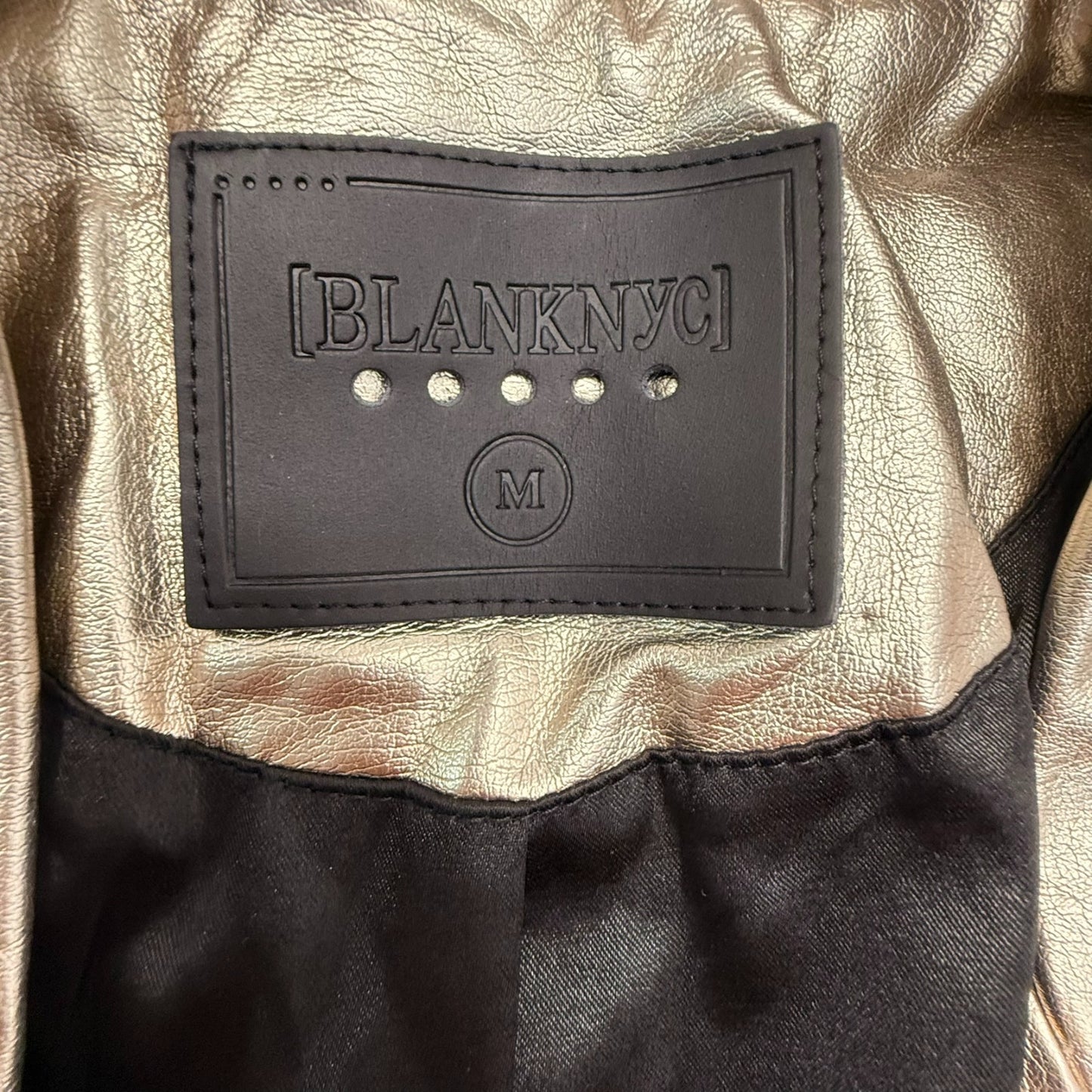 BlankNYC Women’s Medium Metallic Gold Moto Biker Leather Jacket Zip Pockets