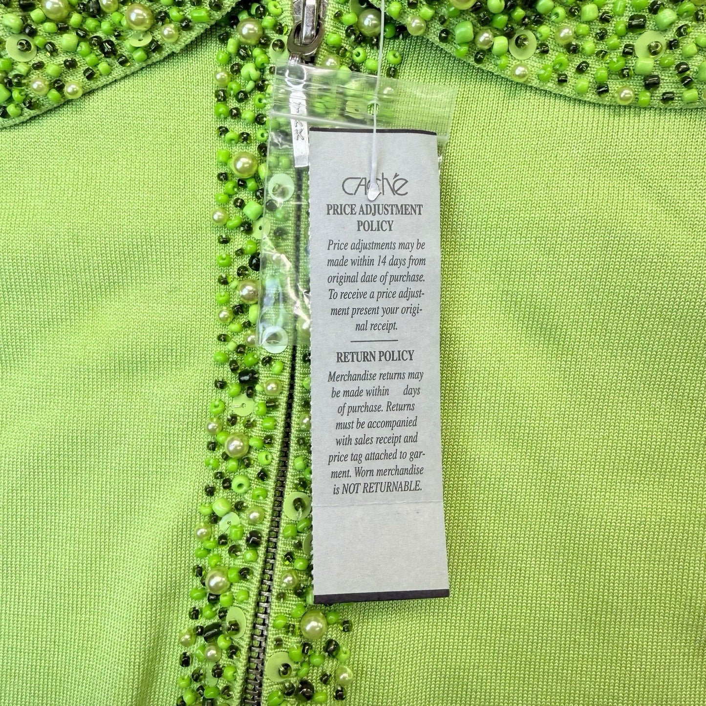 Cache Y2K Lime Silk Blend Beaded Zip Cardigan Sweater L Women's