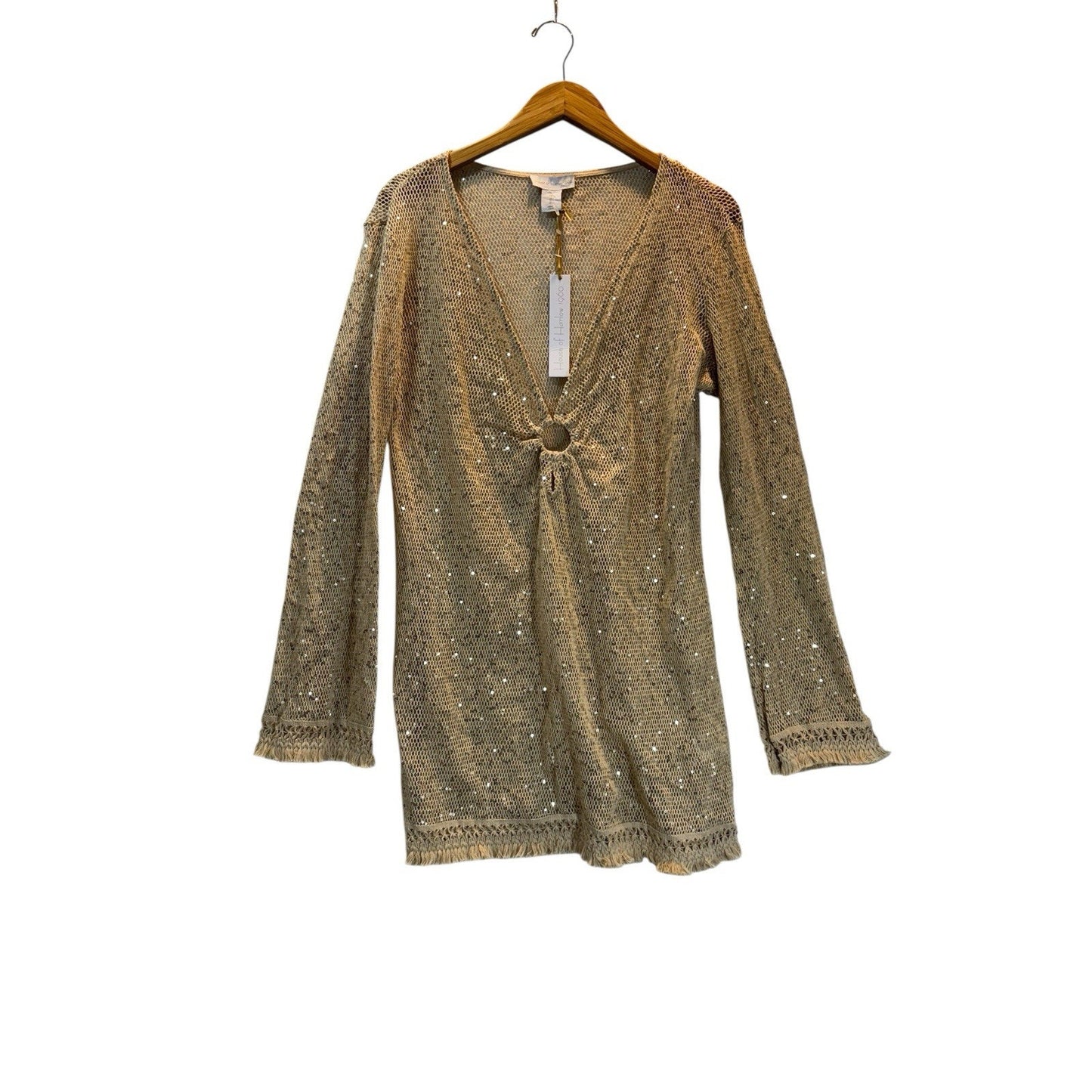NWT Women’s House of Harlow 1960 Sequin Crochet Tunic Gold Metallic Knit Large Blouse