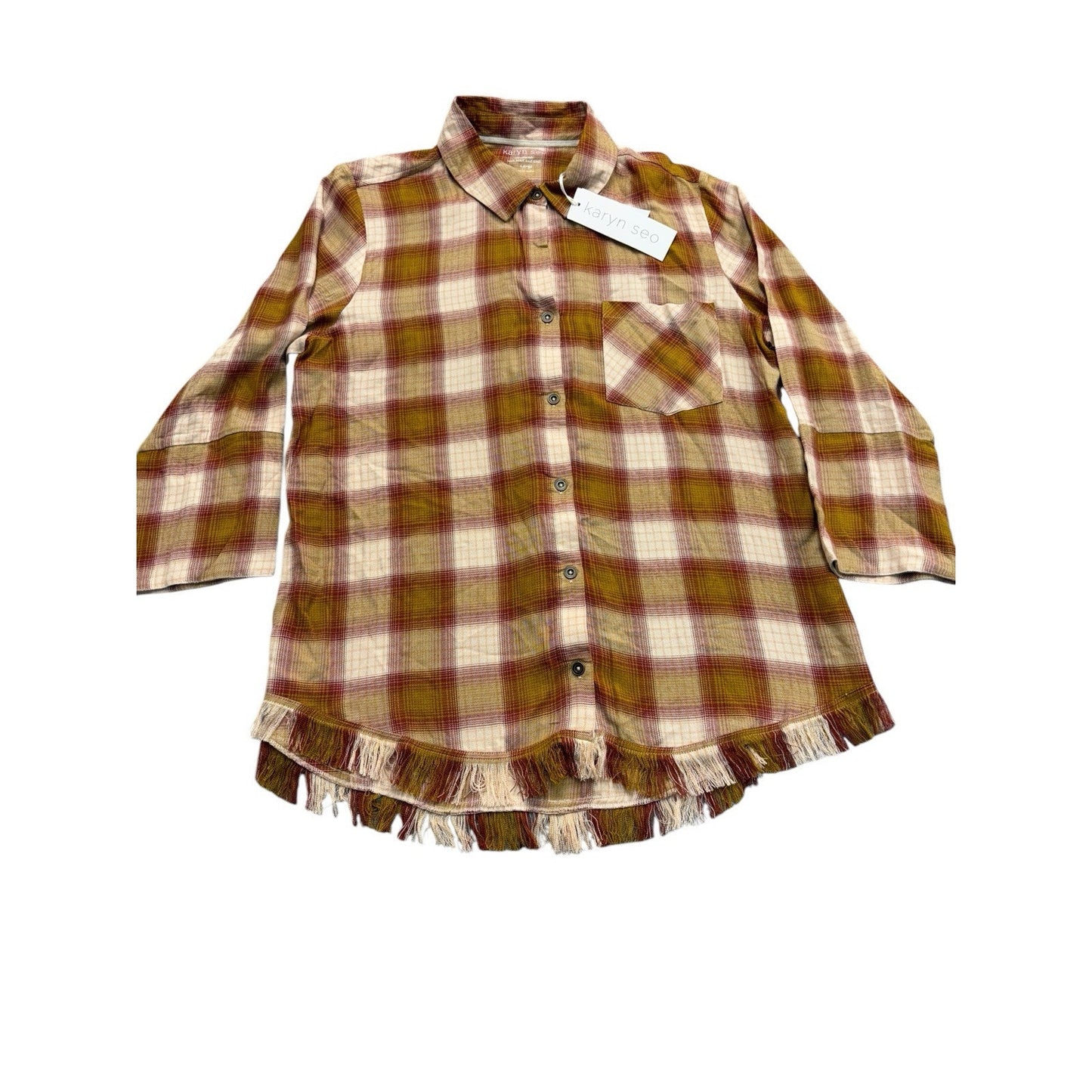 Karyn Seo Old Gold Plaid Hand Made Size Large - NWT Women's Button-Up