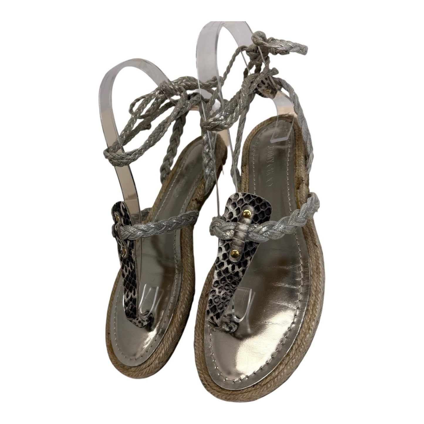 Jimmy Choo Pepin Elaphe Snakeskin Espadrille Lace Up Sandals 37 w/ Box Dustbag Women's Shoes