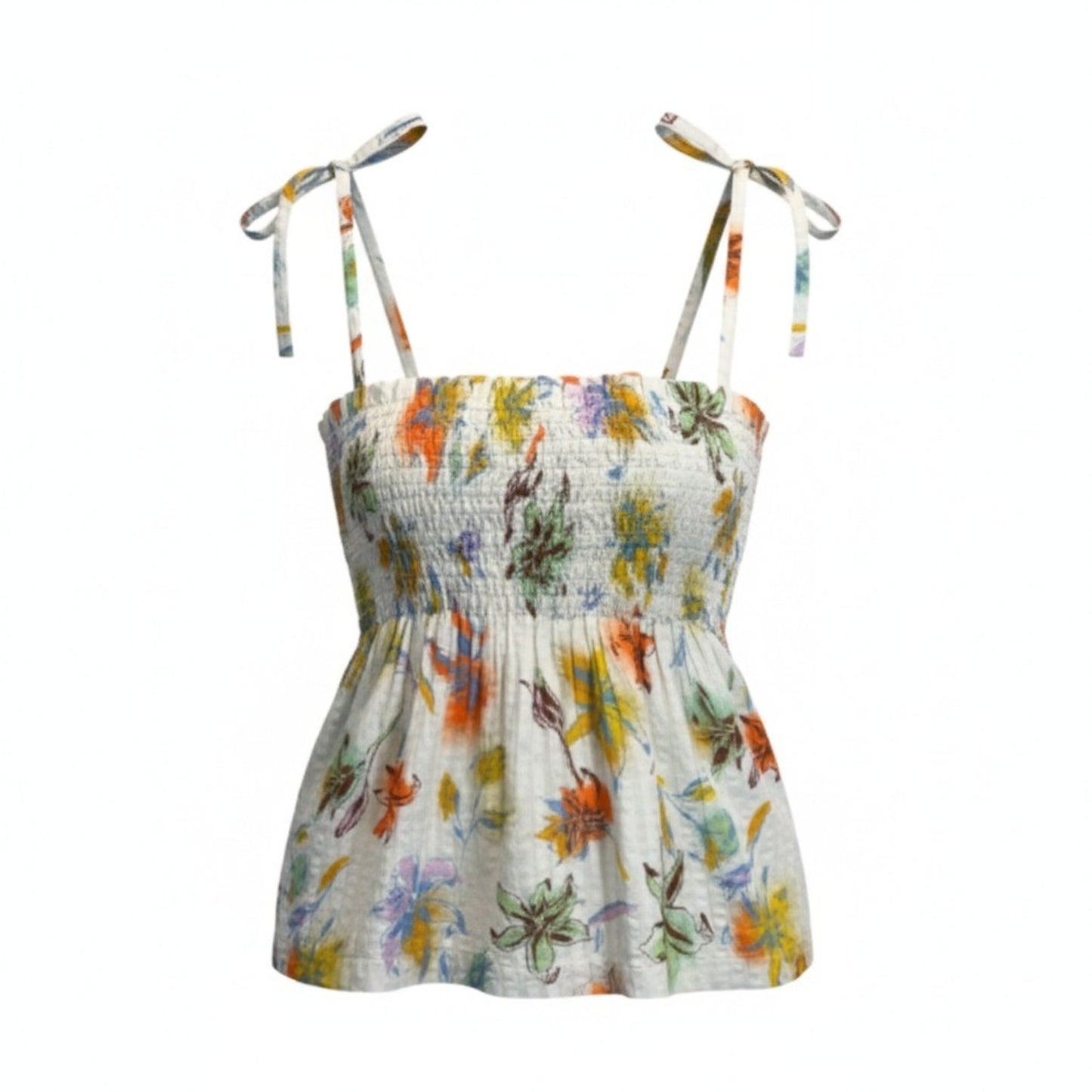 Tanya Taylor Lei Top Women's Small Floral Smocked Tie Strap Cotton NWT $195 Blouse