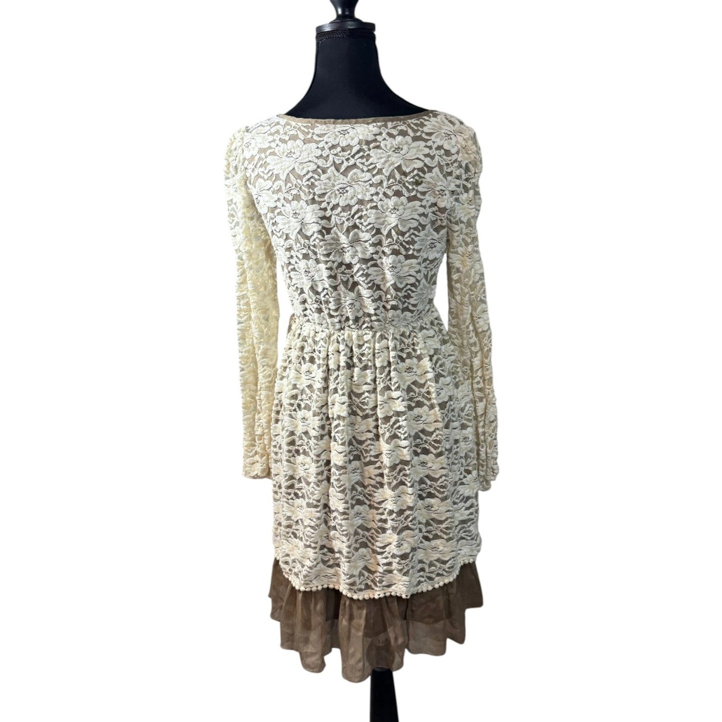 A'reve Women's Size Small Brown Beige Lace-Overlay Prairie Dress with Belt