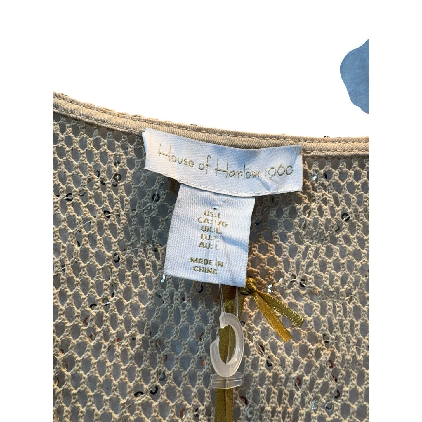 NWT Women’s House of Harlow 1960 Sequin Crochet Tunic Gold Metallic Knit Large Blouse