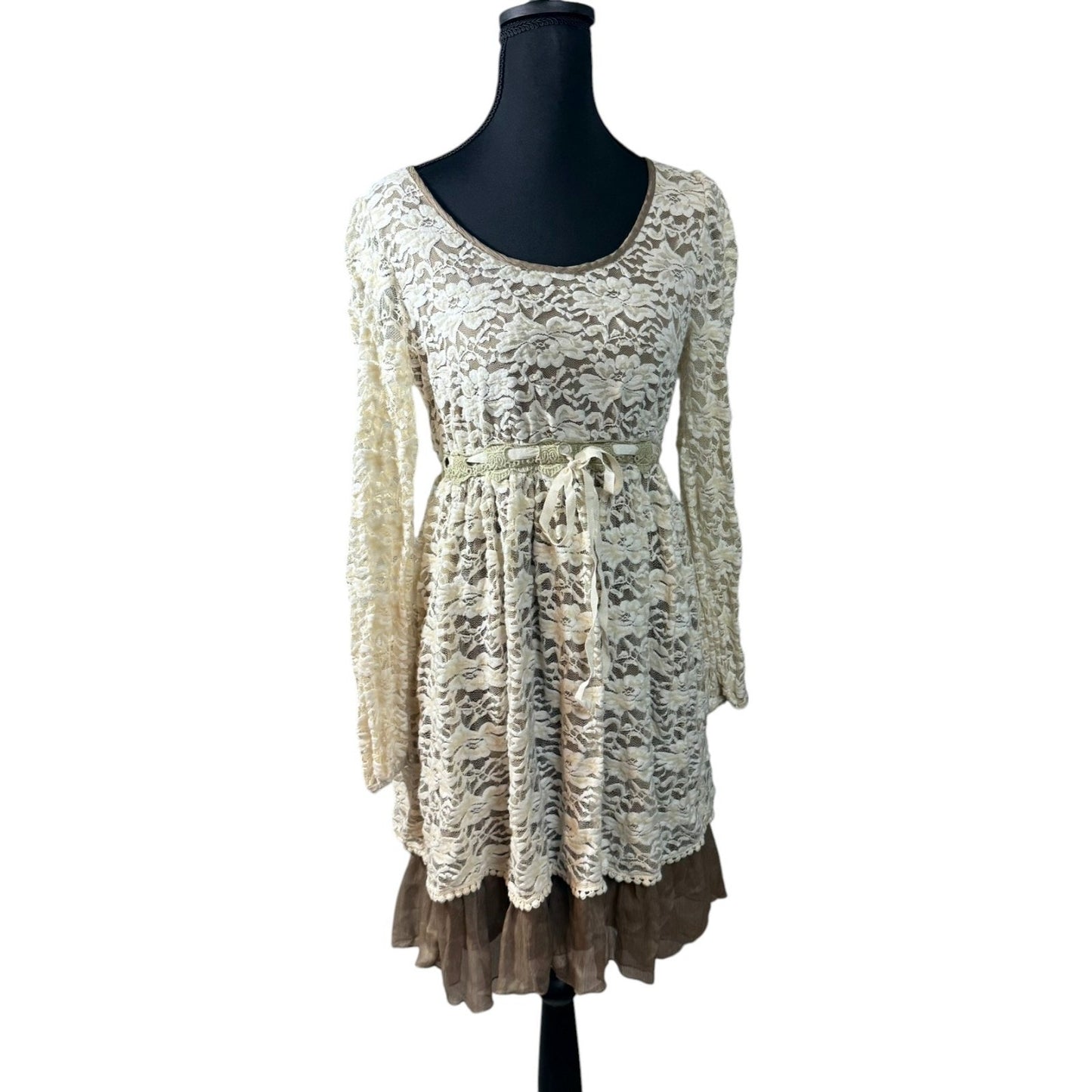 A'reve Women's Size Small Brown Beige Lace-Overlay Prairie Dress with Belt