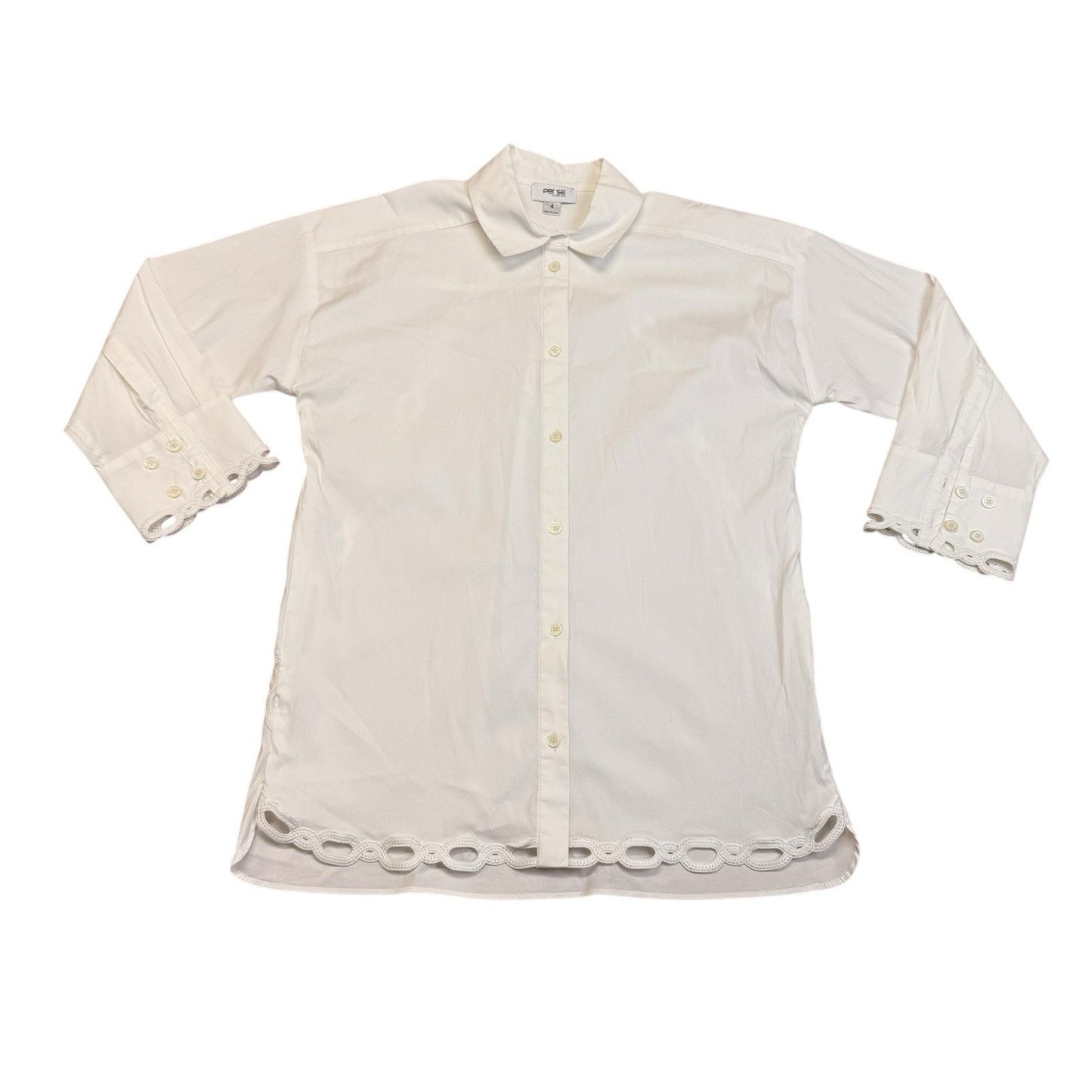 Vintage Per Se Y2K White Button Front Blouse Women’s Size 4 Scallop Hem