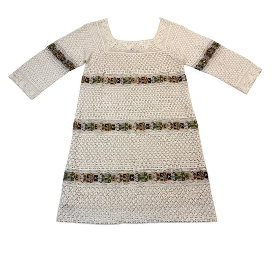 Y2K Calypso Boho Crochet Lace Mini Dress Ivory Embroidered Resort Shift S Women's