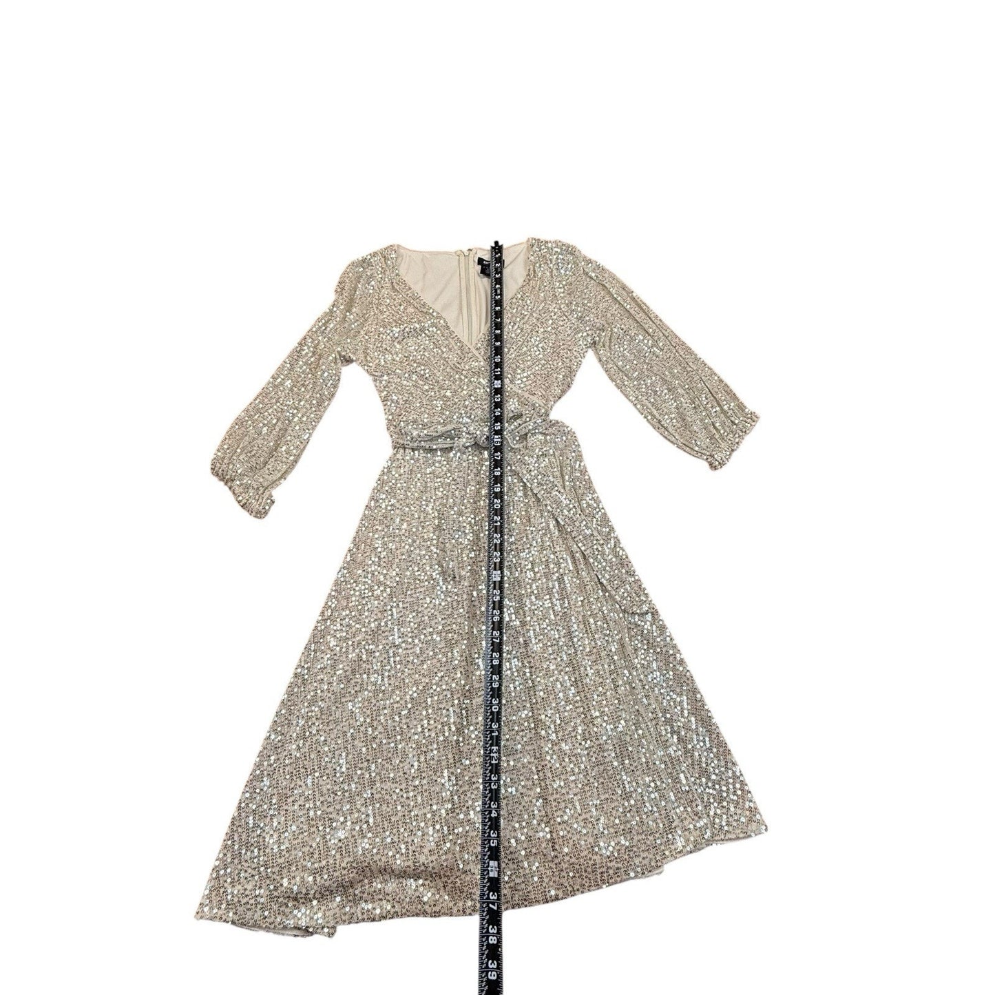 DKNY Gold Sequin Wrap Dress 3/4 Sleeve Midi Size 4 Women's