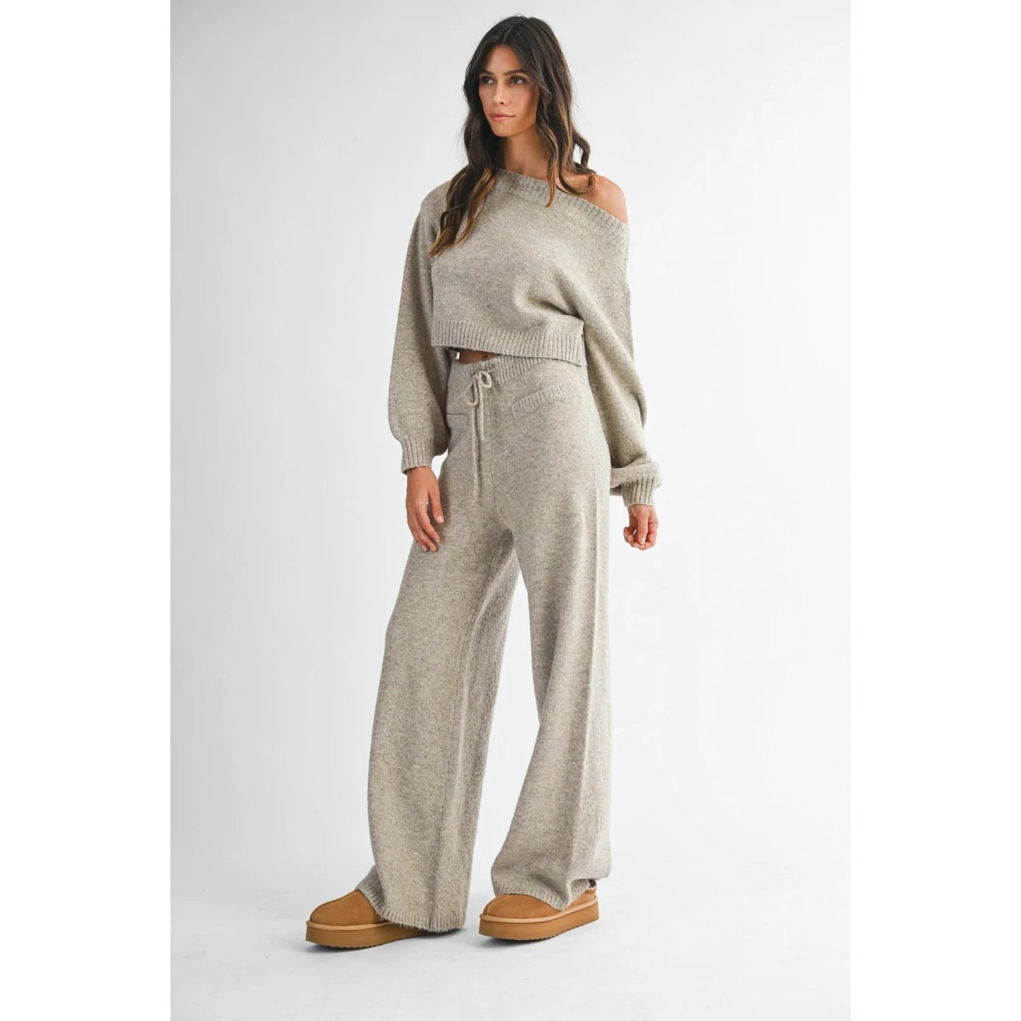Mable Women’s Latte Mocha Knit Lounge Set Off Shoulder Crop Sweater Pants NEW