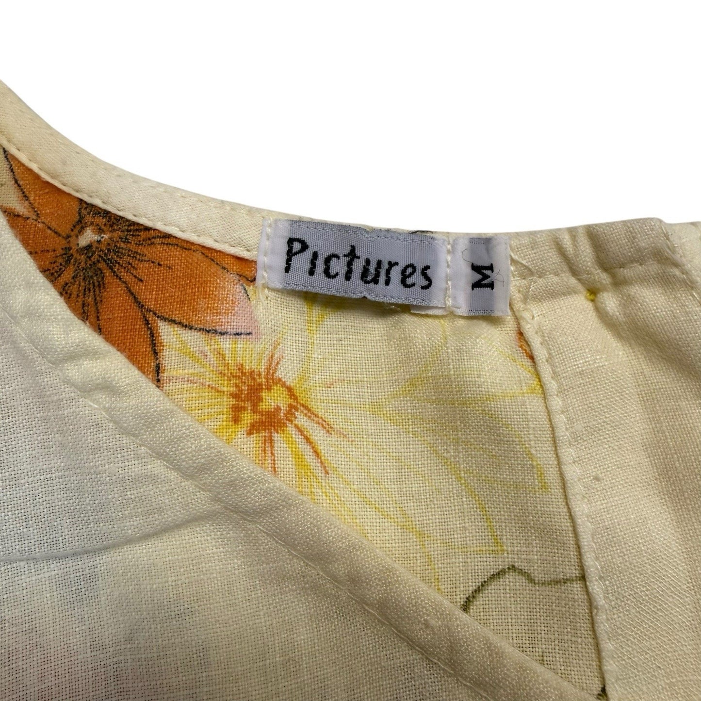 Y2K Pictures Pastel Yellow Linen Sleeveless Midi Dress Floral Hem M Women's