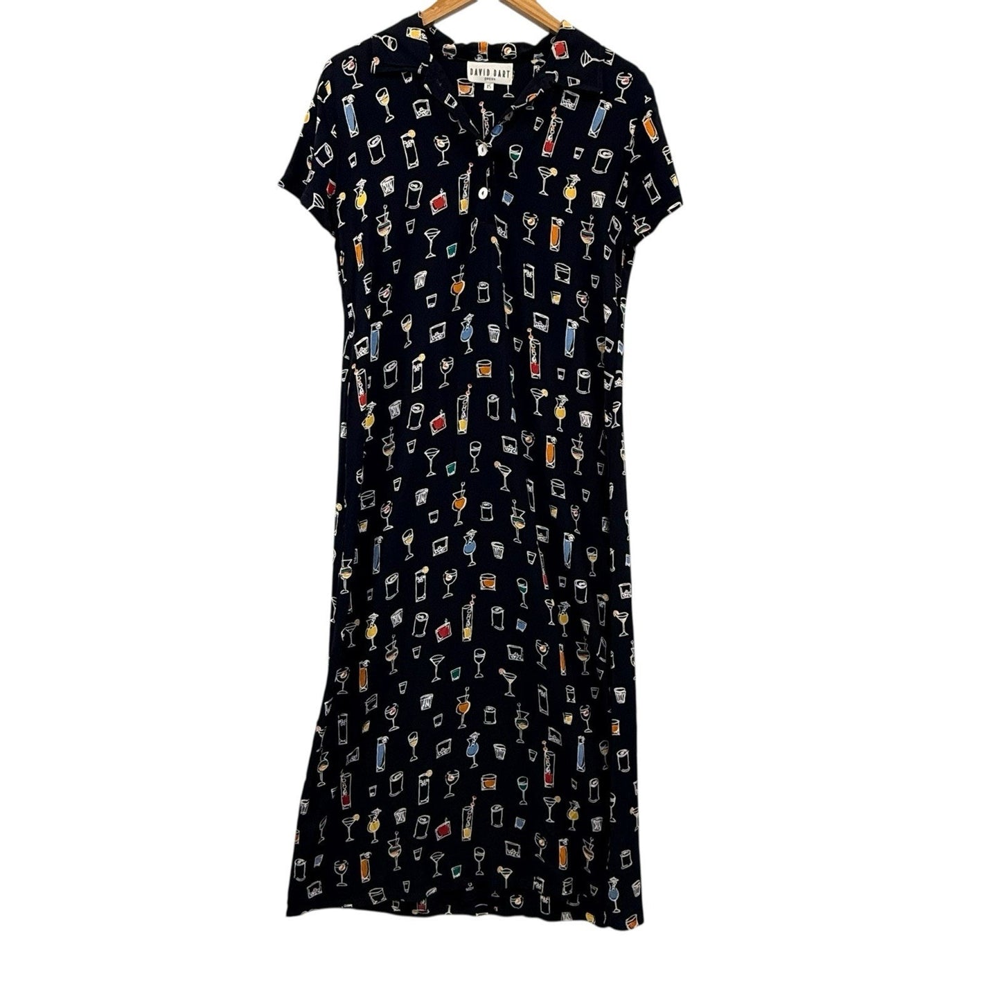 Vintage 90s David Dart Black Cocktail Print Maxi Dress XS Short Sleeve Women's