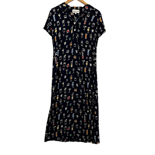 Vintage 90s David Dart Black Cocktail Print Maxi Dress XS Short Sleeve Women's