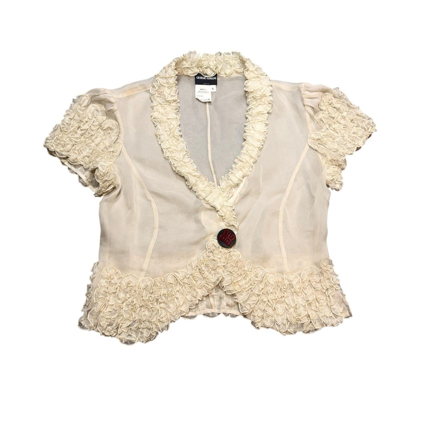 Giorgio Armani Women’s Size 42 Cream Ruffle Sheer Short Sleeve Blouse Top