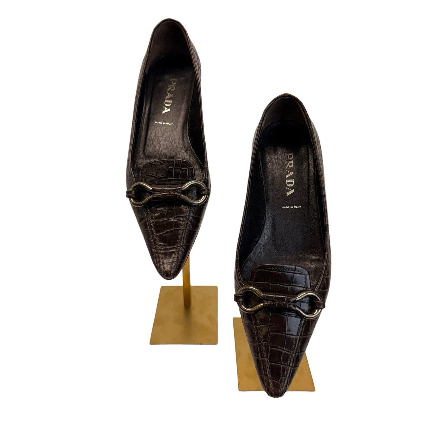 Prada Croc Embossed Leather Horsebit Pumps Brown Vintage Heels/Shoes Women’s EU 34.5