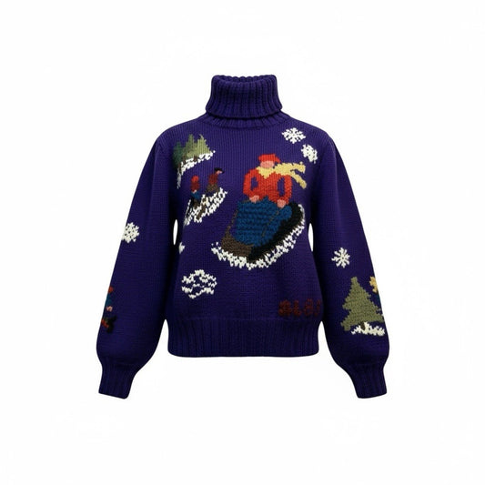 Vintage Ralph Lauren Hand Knit Wool Women's Sweater RL83 Ski Snow Scene Purple M UK Made