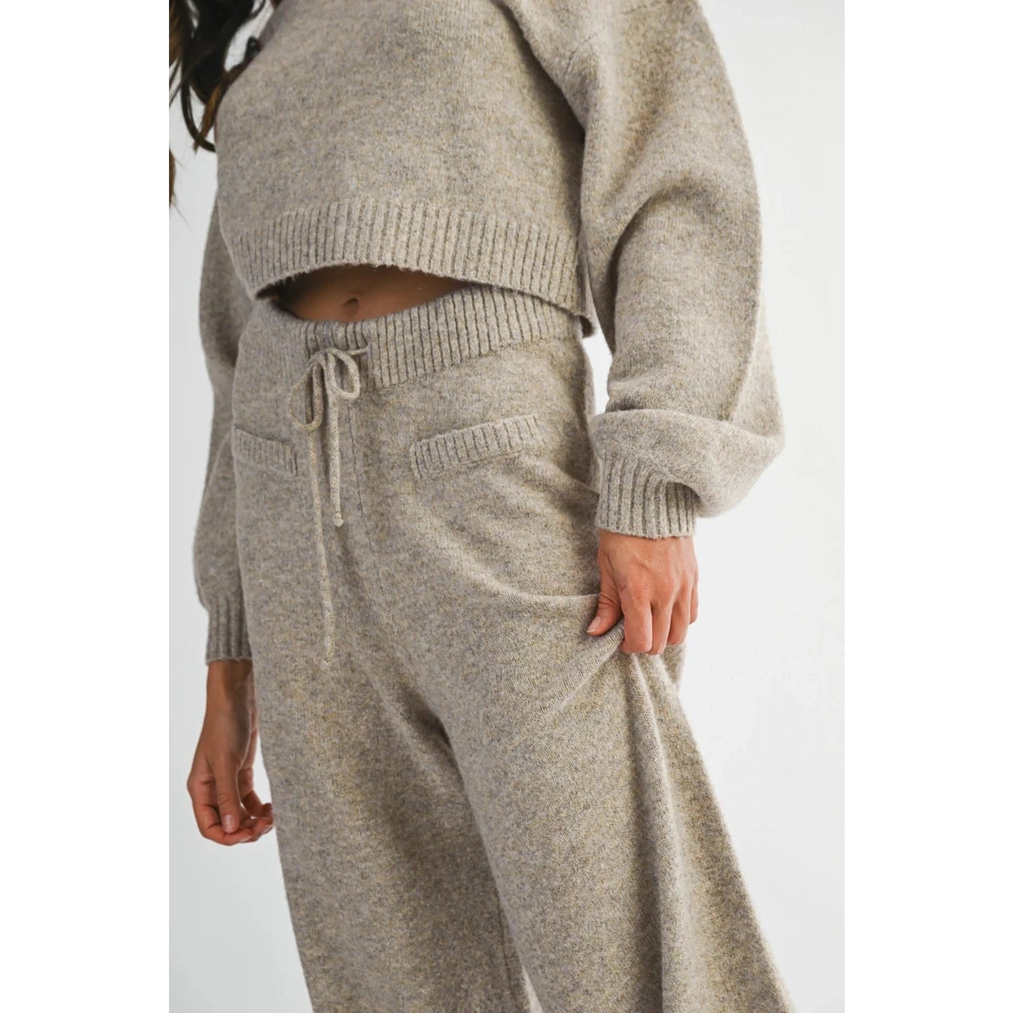 Mable Women’s Latte Mocha Knit Lounge Set Off Shoulder Crop Sweater Pants NEW