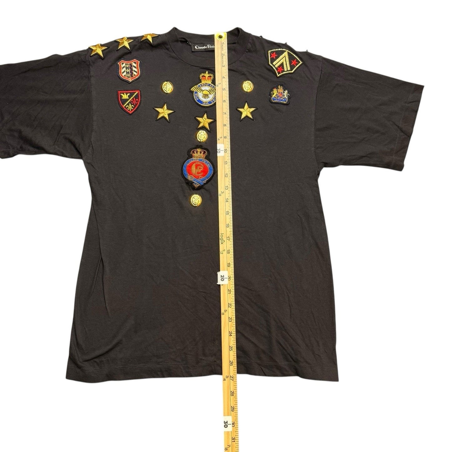Claude Pretin Vintage Women’s Medium Black Military Patch T-Shirt Embroidered Stars